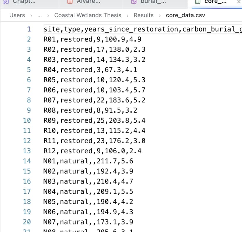 A CSV file of field data open in the editor, with columns for site, type, years since restoration, carbon burial and accretion.