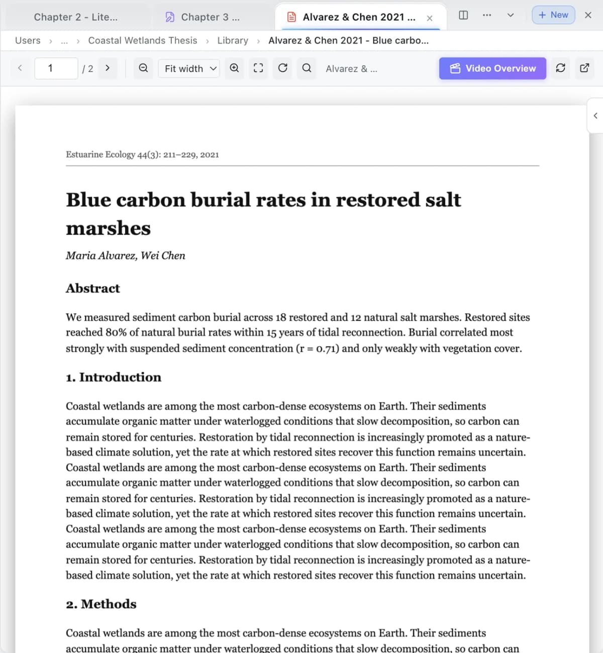 A PDF paper, “Blue carbon burial rates in restored salt marshes”, open in Multilo’s PDF viewer with page and zoom controls.