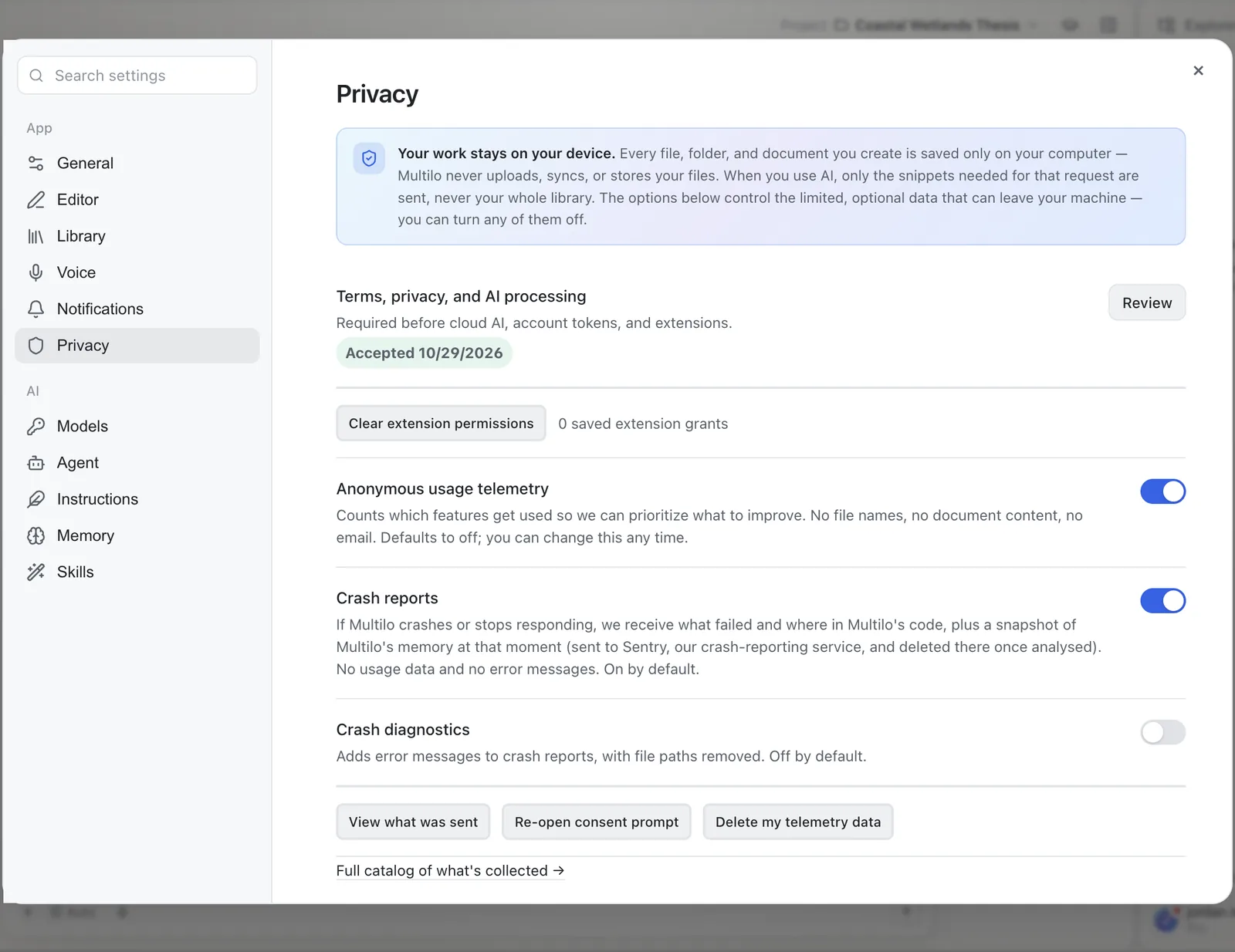 The Privacy page in Settings with toggles for anonymous usage telemetry, crash reports and crash diagnostics, and buttons to view or delete what was sent.