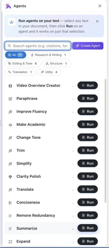 The Agents panel with a search box, Create Agent button, category filters, and a list of agents such as Paraphrase, Improve Fluency and Make Academic, each with a Run button.