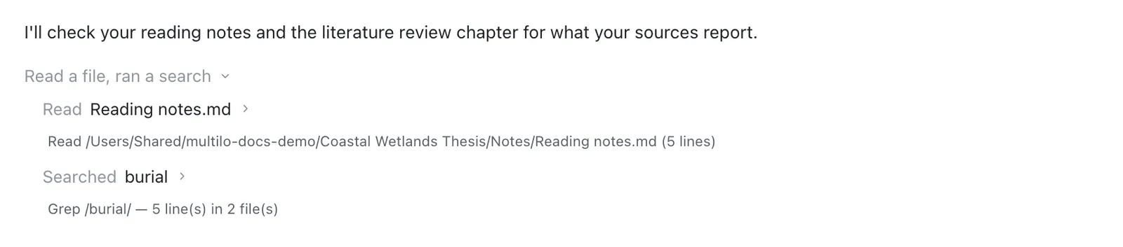 Two expanded tool steps under a chat reply: Read Reading notes.md (5 lines) and a search for “burial” that found 5 lines in 2 files.